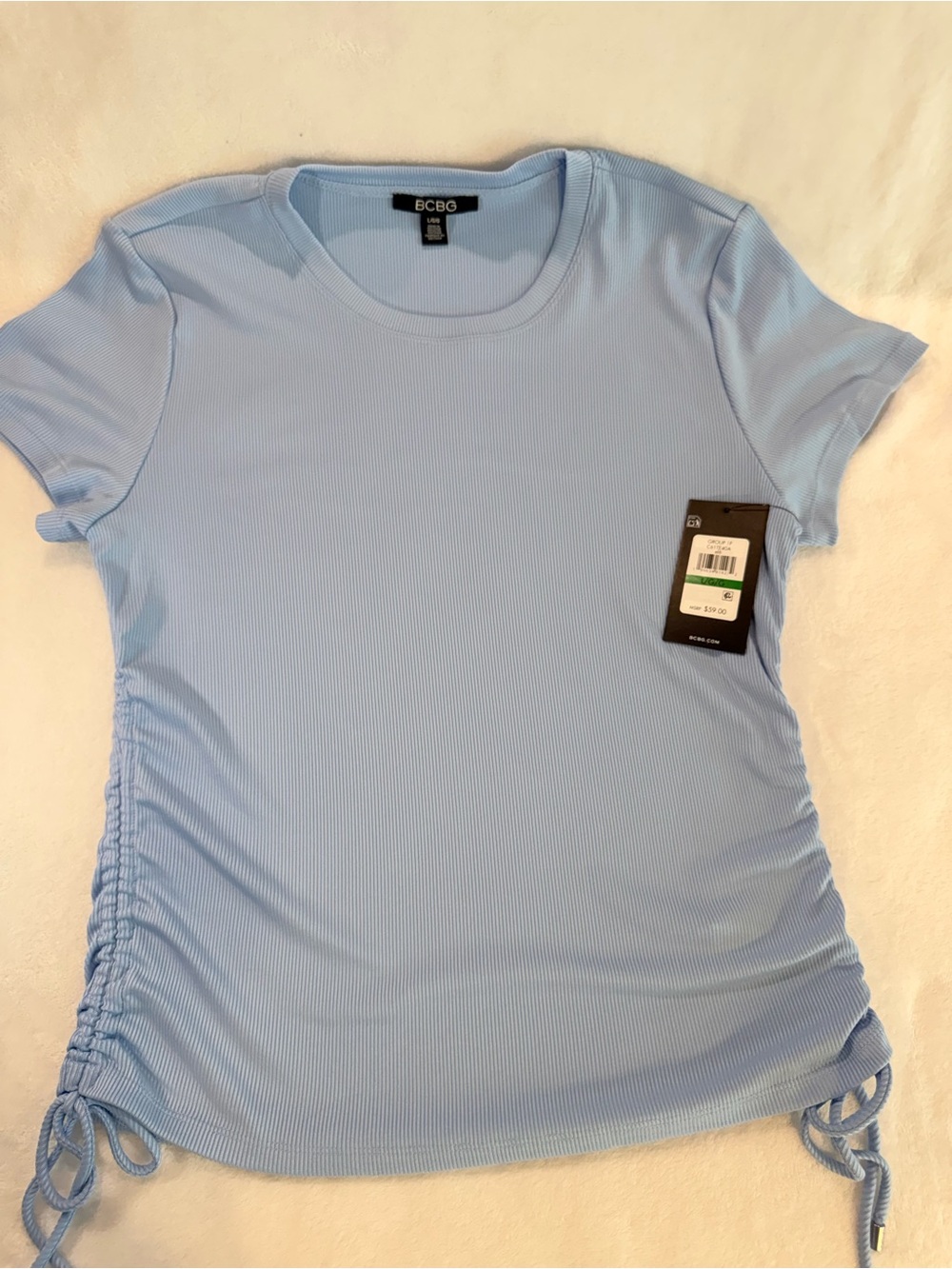 BCBG Light Blue Short Sleeve Side-Ruched Tee